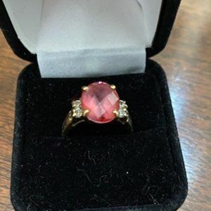 Large PINK SAPPHIRE Faceted OVAL (lab create) + small CZs * 14 kt GF band * sz 6